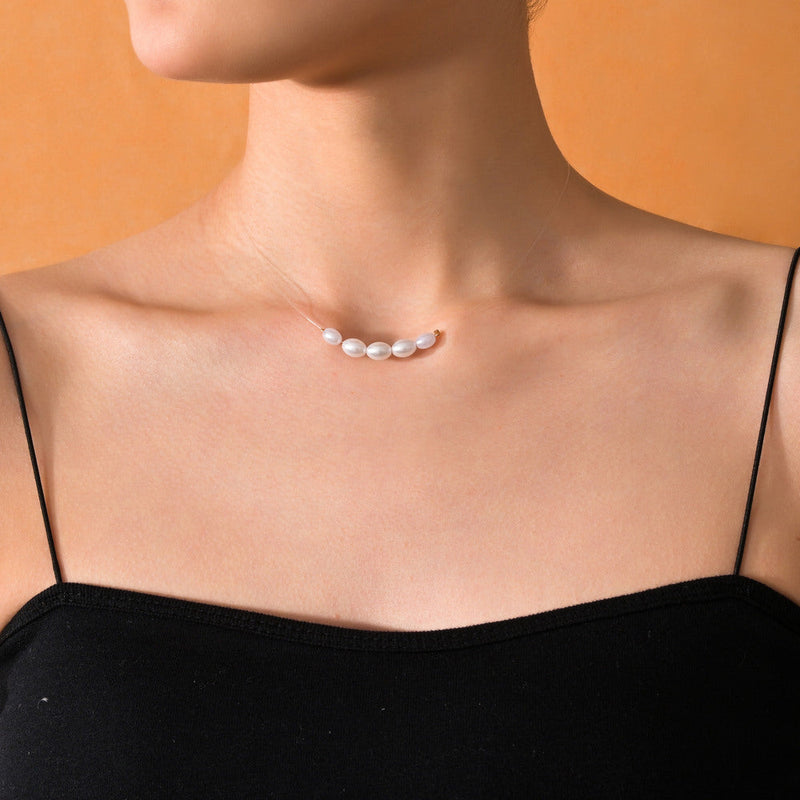 Oval Glass Pearl Chain Necklace