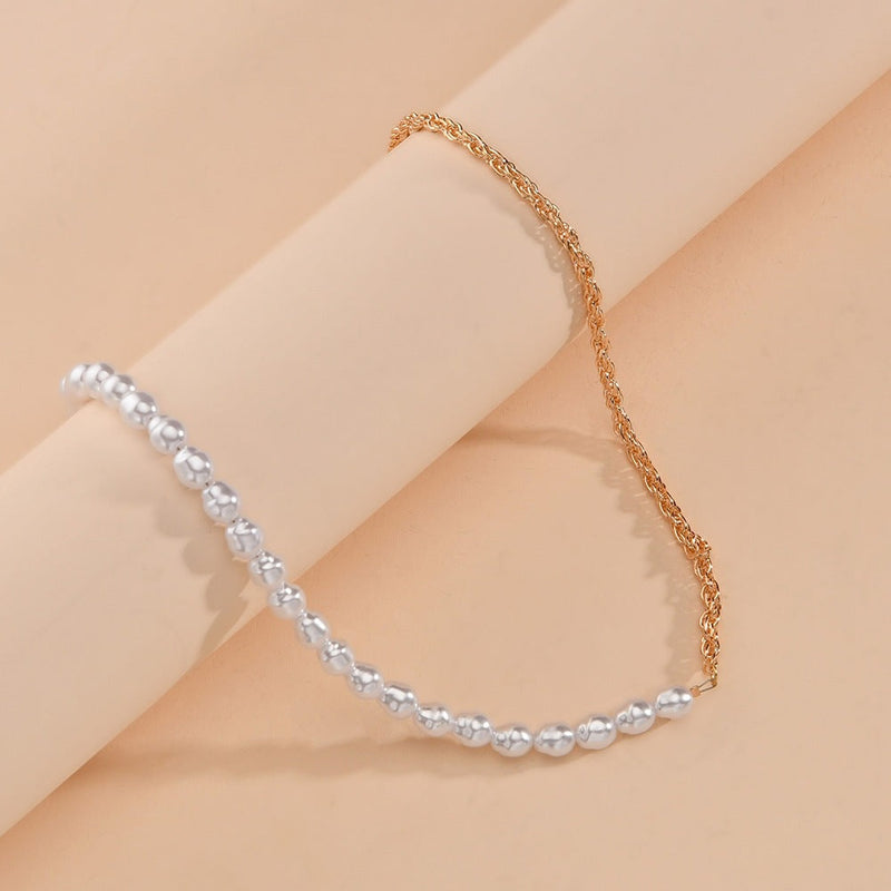 Chain Link Choker Necklace Half Pearl