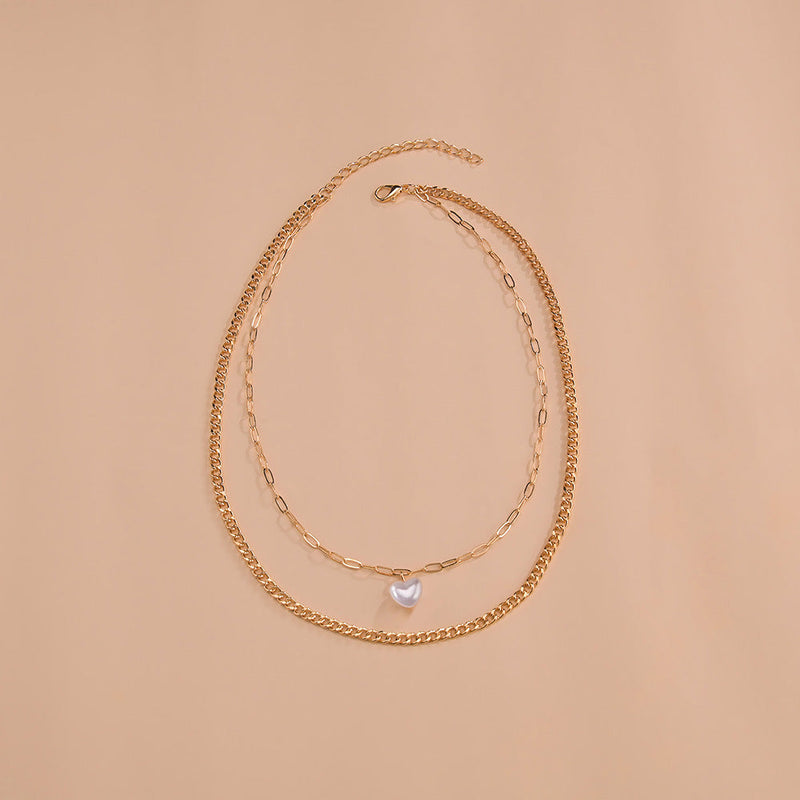 Vintage Pearl Heart Layer Chain Necklace