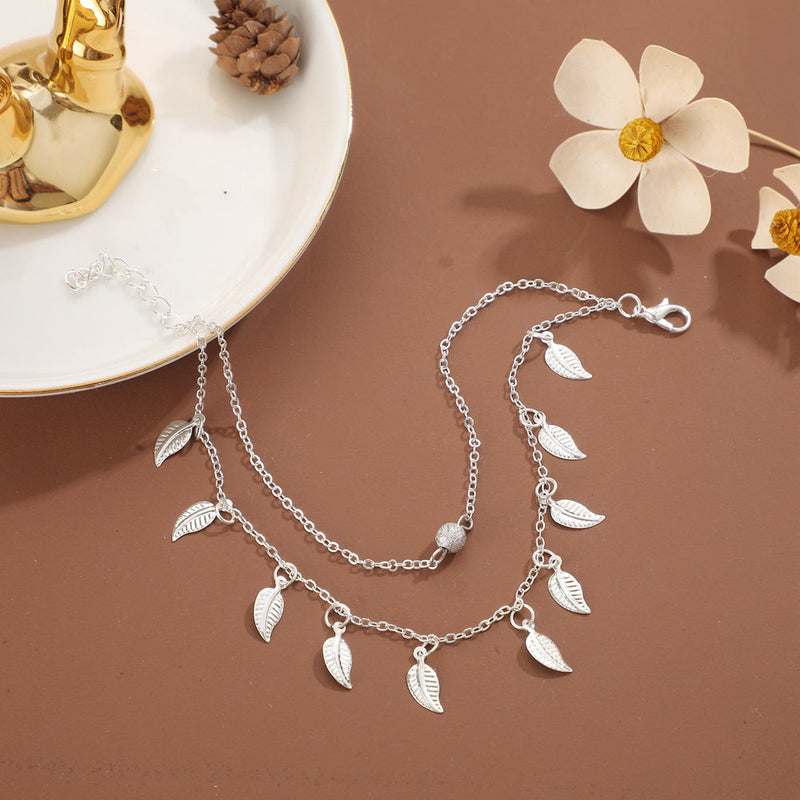 Beach Leaf Shape Layered Tassel Foot Chain
