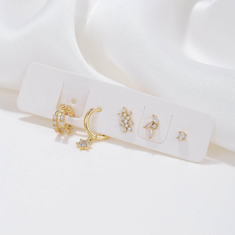 Stacking 5 Pieces Floral & Geometric Zirconia Earring Set, 18k Gold Plated Studs, Drops & Hoops,  S925 Needle, Stacked Lobe Designs with Dazzling Zirconia