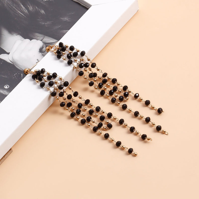 Black Glass Bead Tassel Earrings