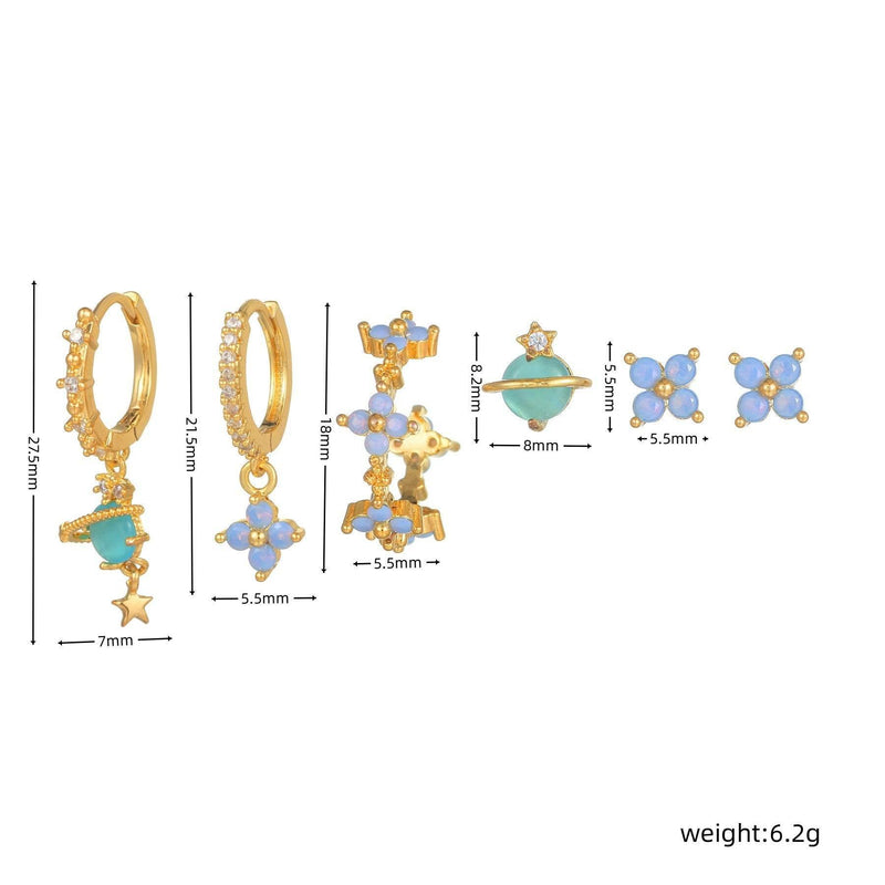 Stacking 6 Pieces Blue Flower Pierced Earring Set with Zircon, 18k Gold Plated Ear Studs and Ear Drops, Women's Fashion Jewelry for Party Daily Stacked Lobe Earrings