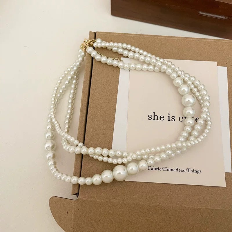 Women Multi Layer Pearl Bead Twist Choker Necklace