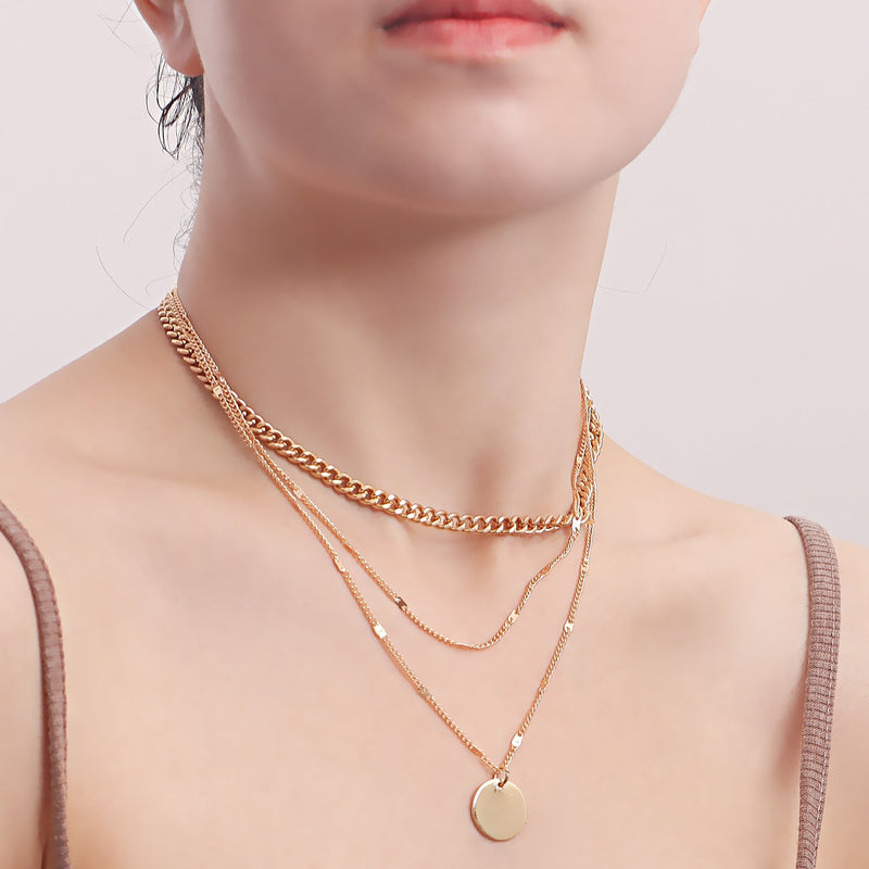 Multi Layered Chain Necklace for Women with Round Charm Pendant