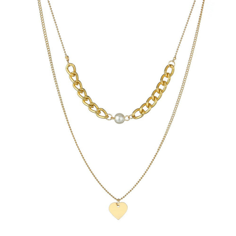 Double Layers Chain Heart Pearl Pendant Necklace
