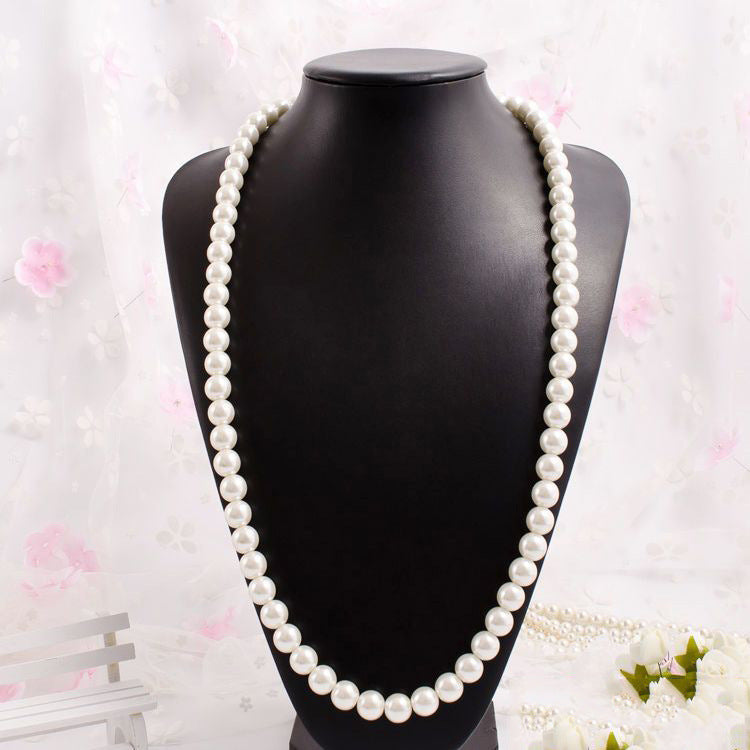 Elegant Women Lady Long White Sweater Created Pearl Necklace