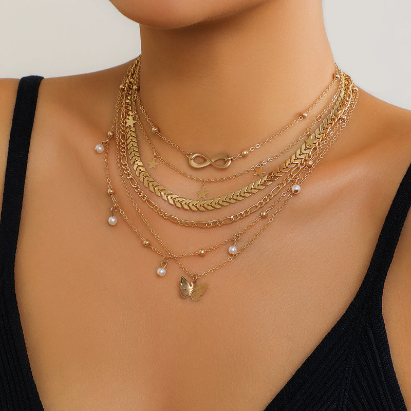 Women Butterfly Tassel Pendant Layered Set Necklace