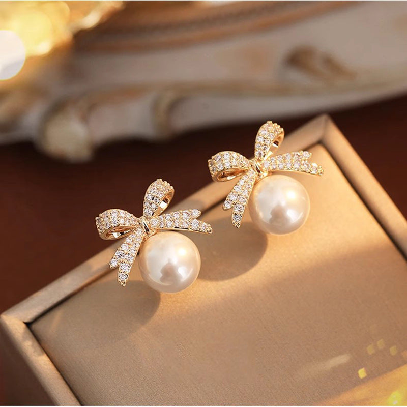 Fashion Bow Rhinestone Pearl Stud Earrings