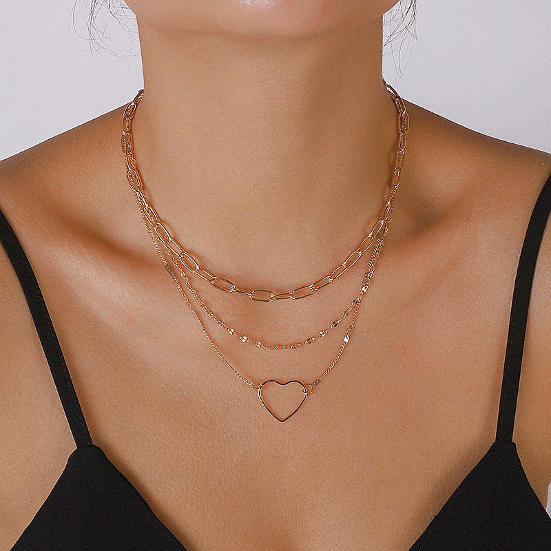 Multi Layers Metallic Chain Hollow Heart Pendant Necklace