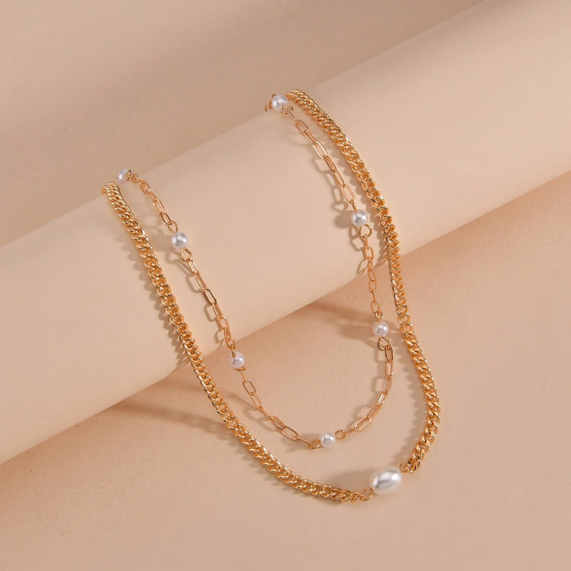 Plain Chain Layer Faux Pearl Choker Jewelry Necklace