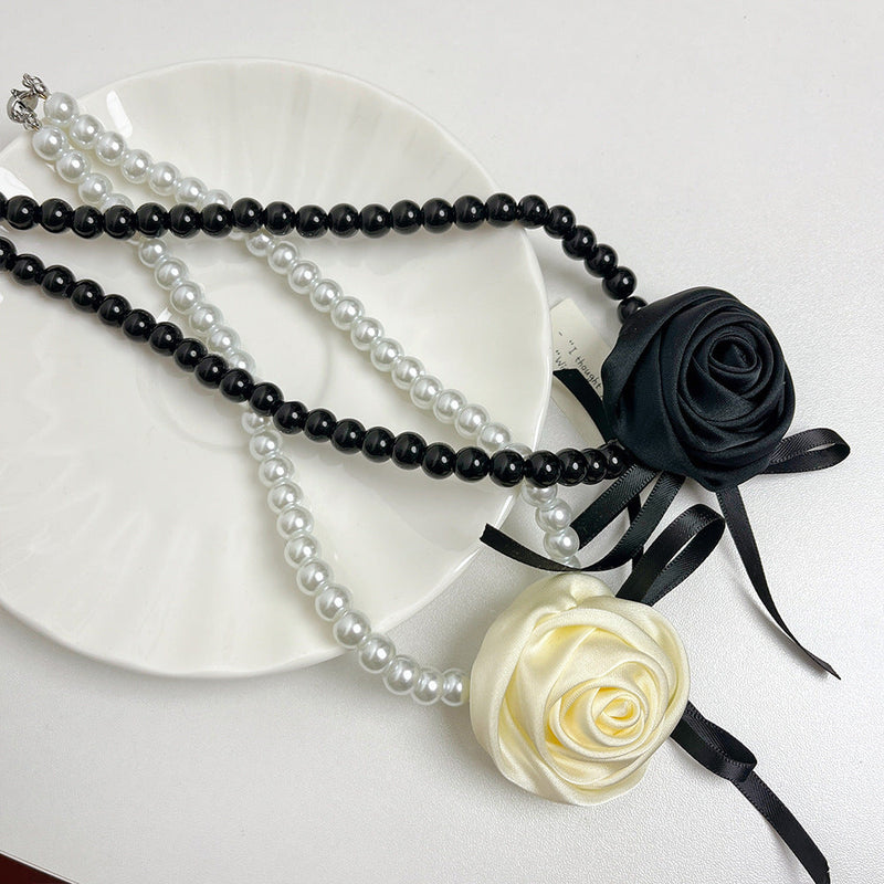 Elegant Rose Flower Pearl Chain Necklace