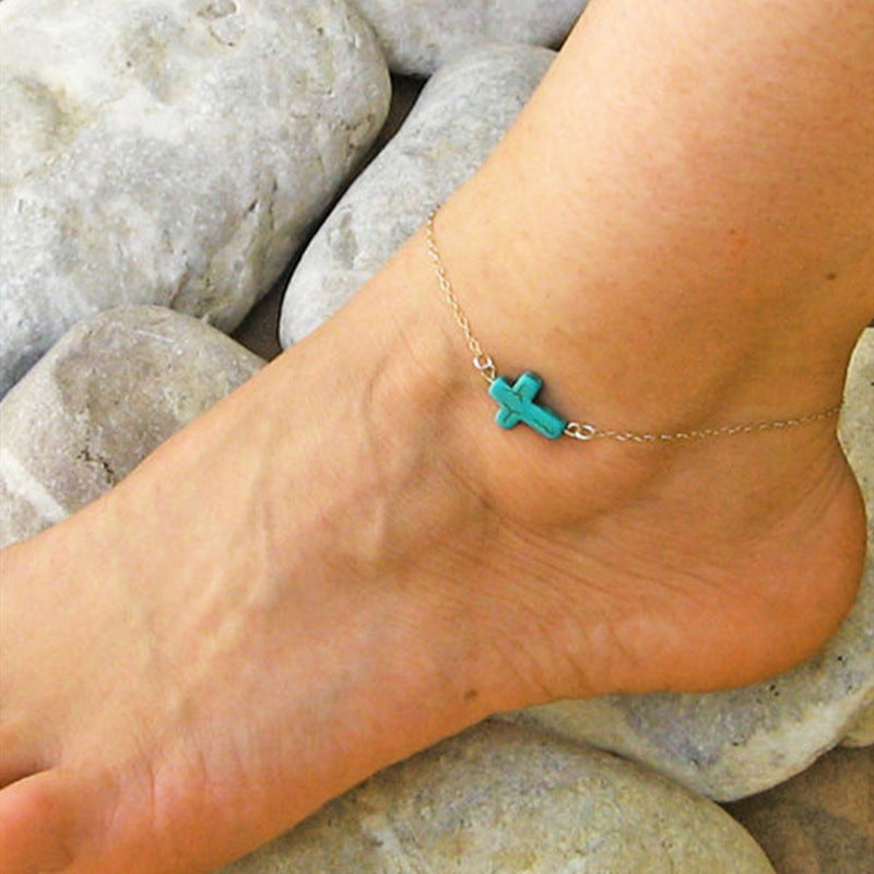 Simple Turquoise Cross Foot Bracelet