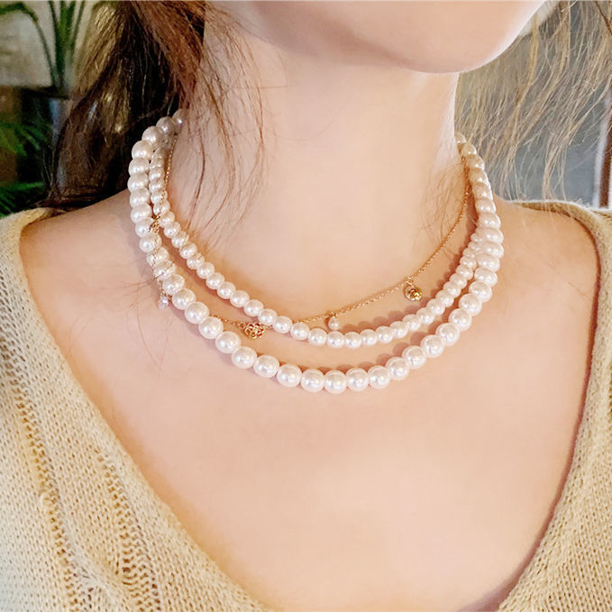 Glass Pearl Double Layer Stacking Choker Necklace