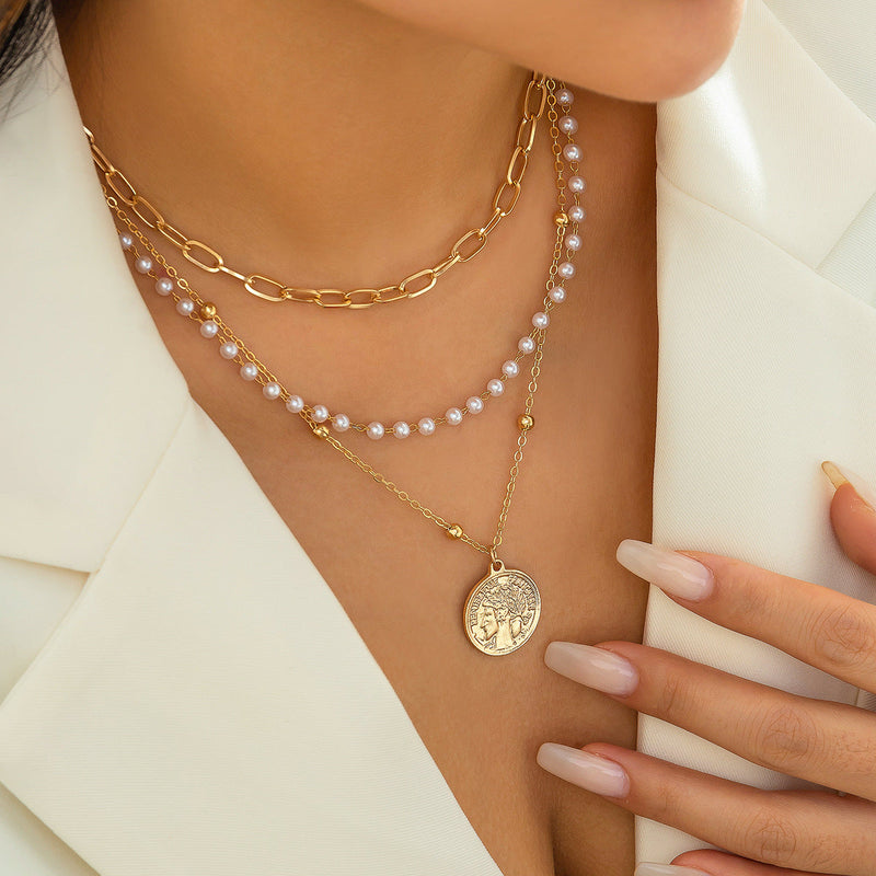 Women Pearl Bead Multi-layer Collarbone Chain Necklace