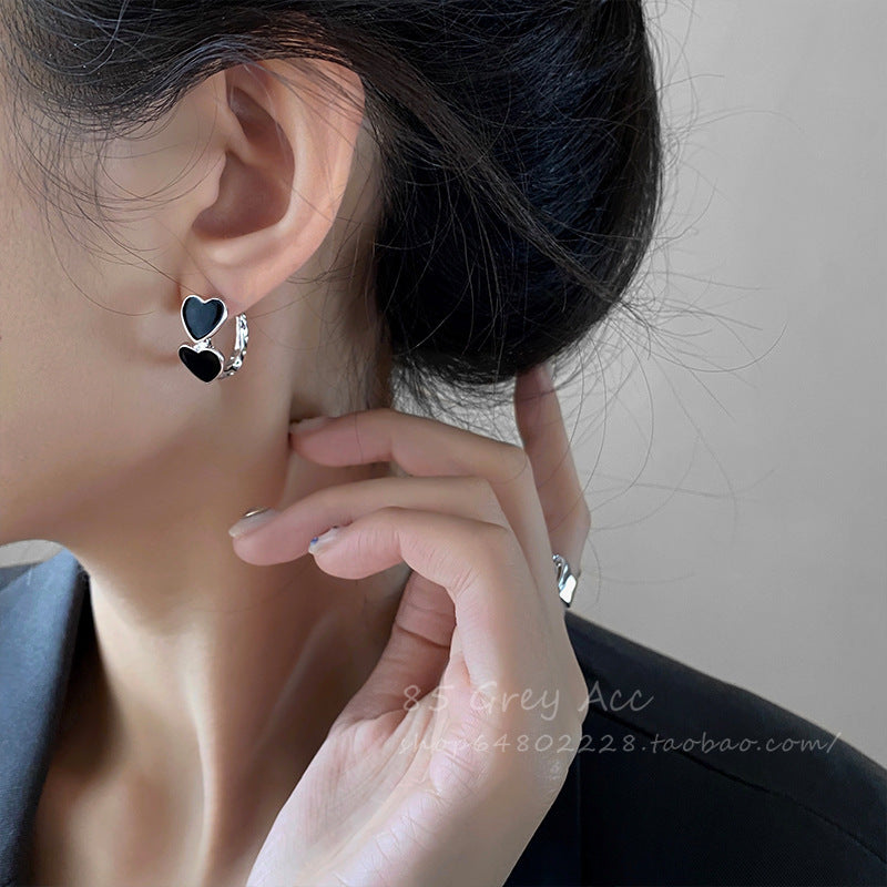 Vintage Goth Black Enamel Heart Stud Earrings
