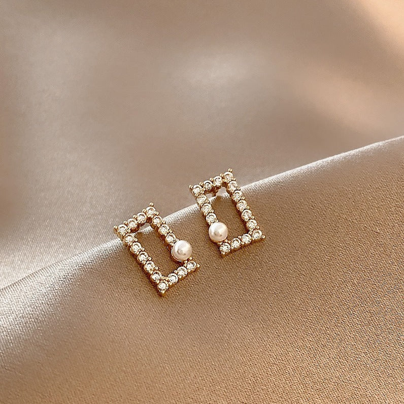 Rhinestone square Pearl Earrings