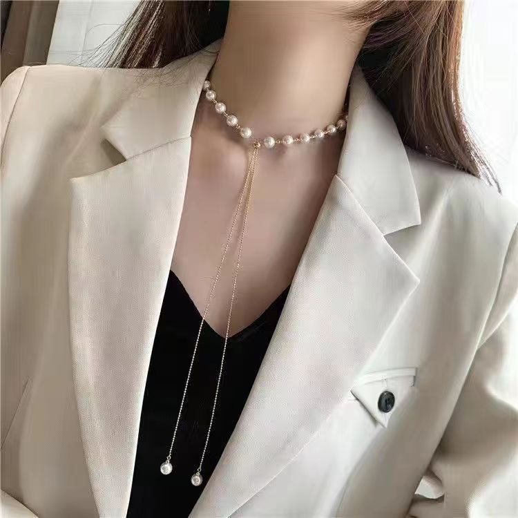 Women Tassel Plain Pearl Single Layer Beaded Necklace