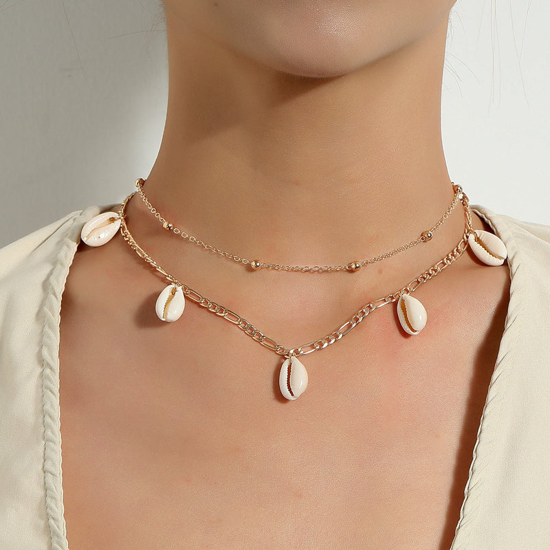 Sea Shell Pendant Bead Chain Choker Necklace