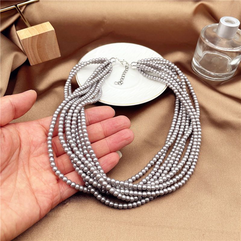 Pearl Layer Chain Grey Glass Choker Necklaces