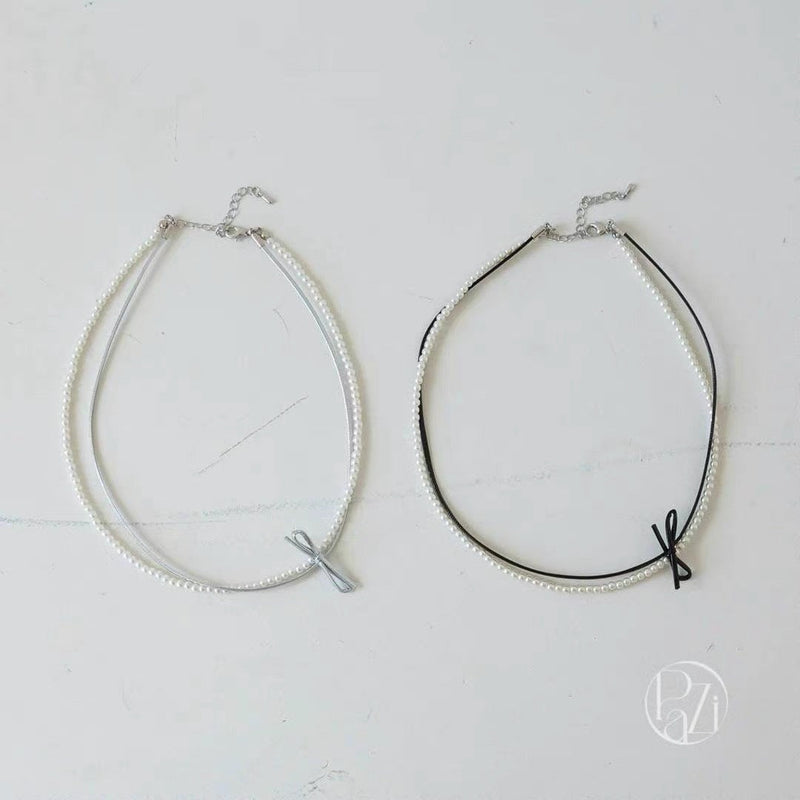 Double-layer Pearl Leather butterfly Collar Necklace