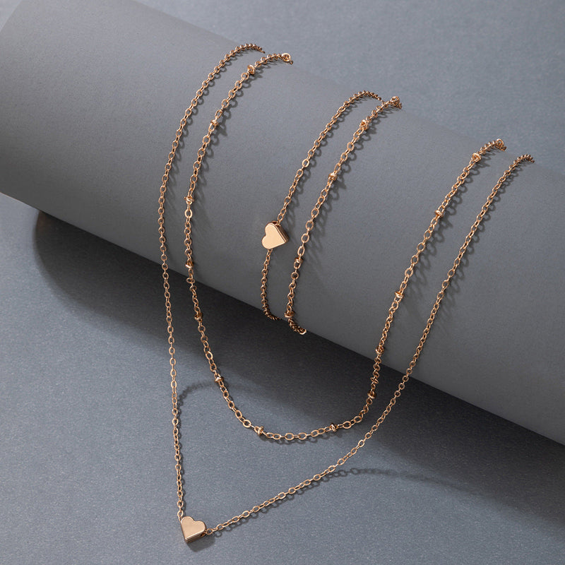 Multi Layer Clavicle Chain Peach Heart Pendant Necklace Jewelry Set