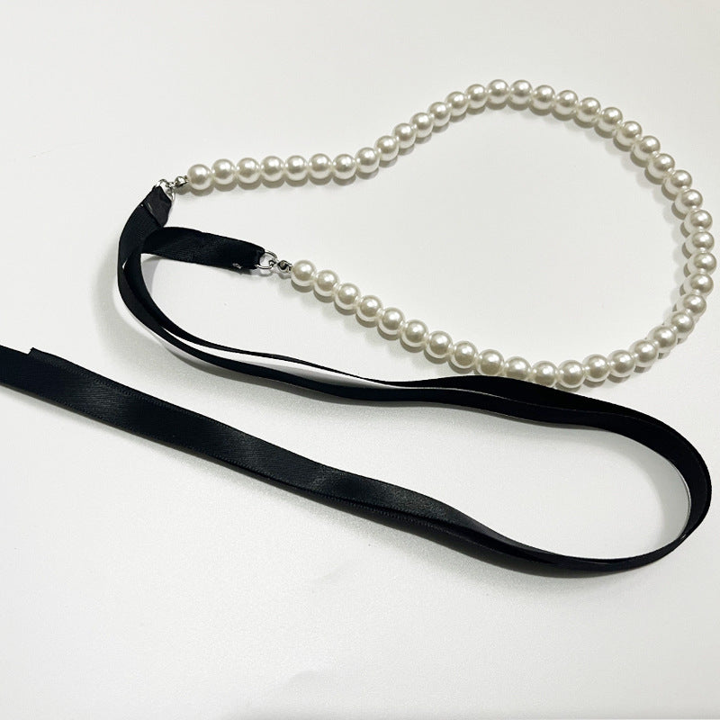 White Imitation Pearl Choker Necklace Women Long Black Ribbon