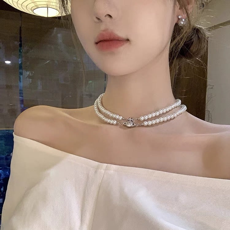 Double Pearl Saturn Magnetic Buckle Necklace