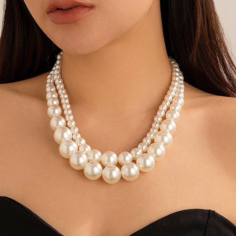 Fashion Double Layer Big Pearl Choker Beaded Statement Necklace