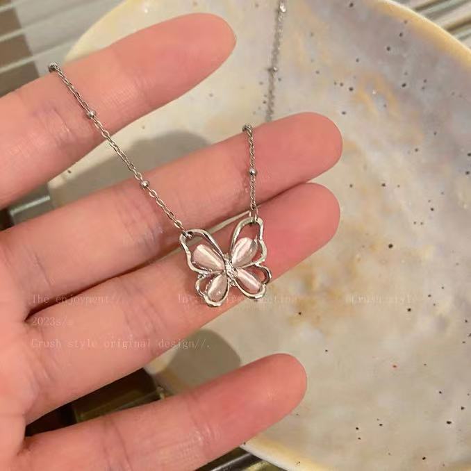 Strawberry Crystal Hollow Butterfly Pendant Necklace