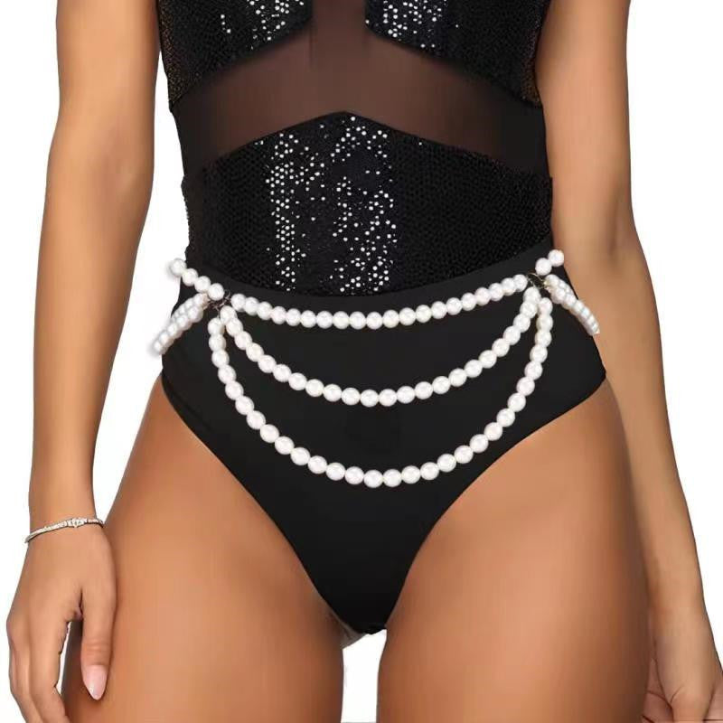 White Pearl Tassel Hip Belly Body Chain