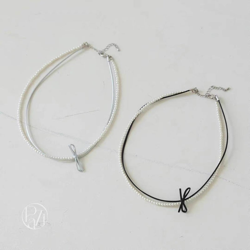 Double-layer Pearl Leather butterfly Collar Necklace