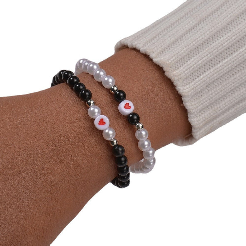 Acrylic Love Heart Beads Pearl Bracelet Set