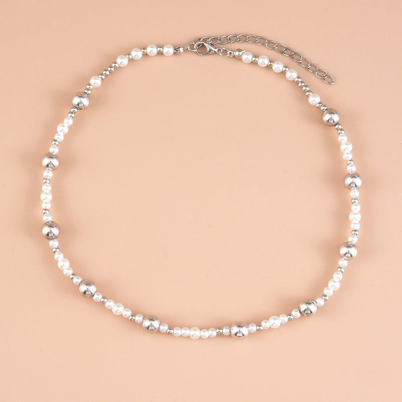 Silver Bead Pearl Beaded Choker Necklaces