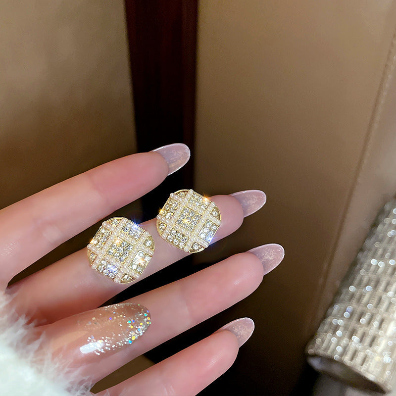 Geometric Rhinestone Small Pearl Square Earrings