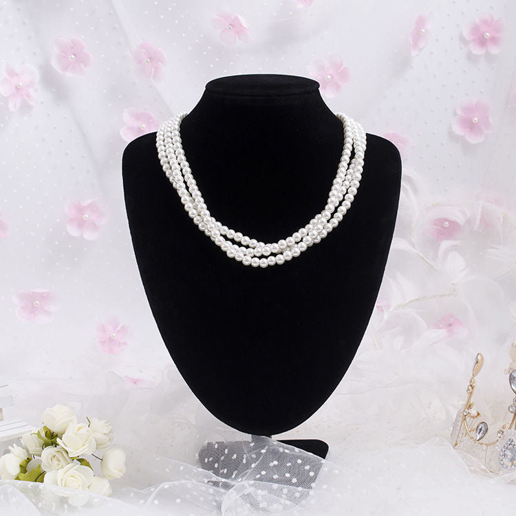 Faux Pearl Bib Multi Strand Statement Layered Necklace