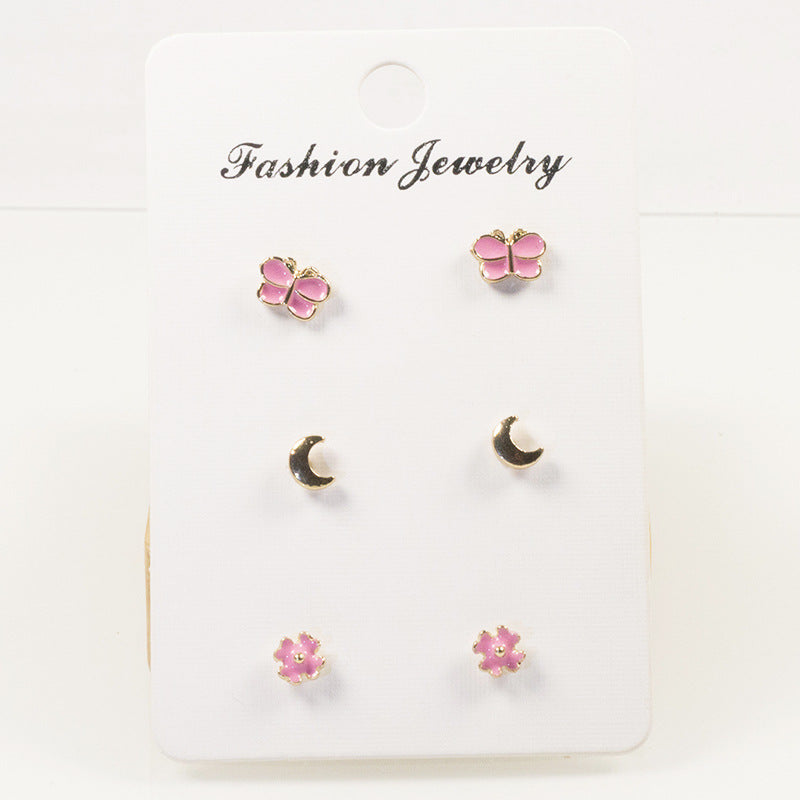 Butterfly Moon Flower Stud Earrings Set