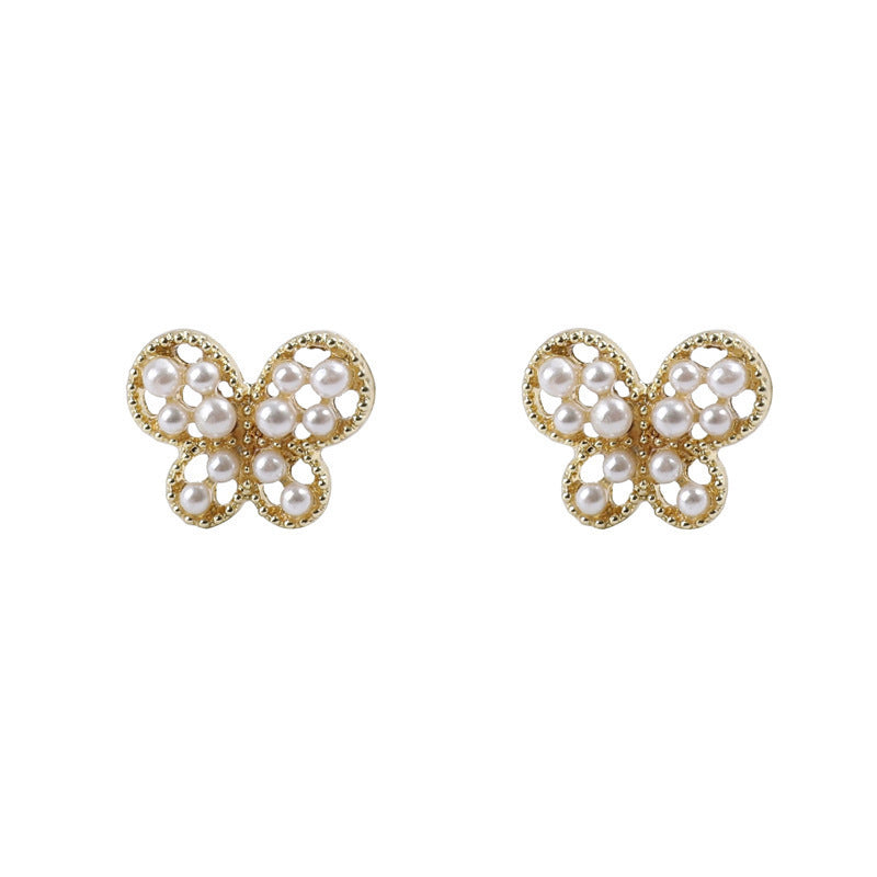 Elegant Butterfly Rhinestone Stud Pearl Earrings