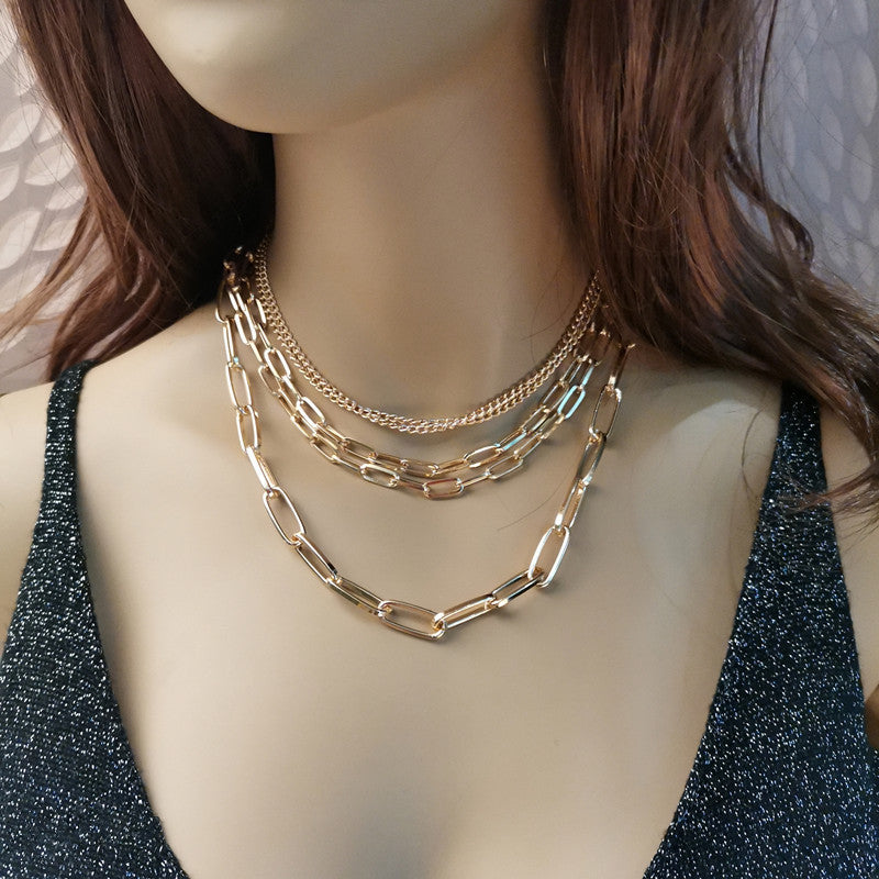 Punk Style Geometric Multi-Layered Mixed Chain & Link Necklace