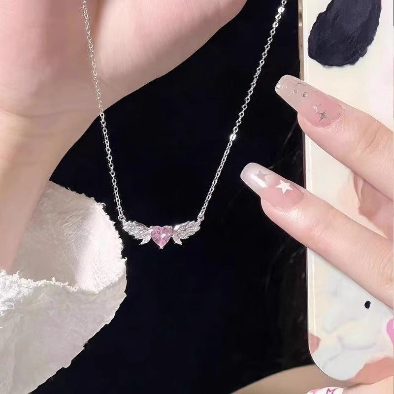 Pink Heart Angel Wings Necklace Bracelet