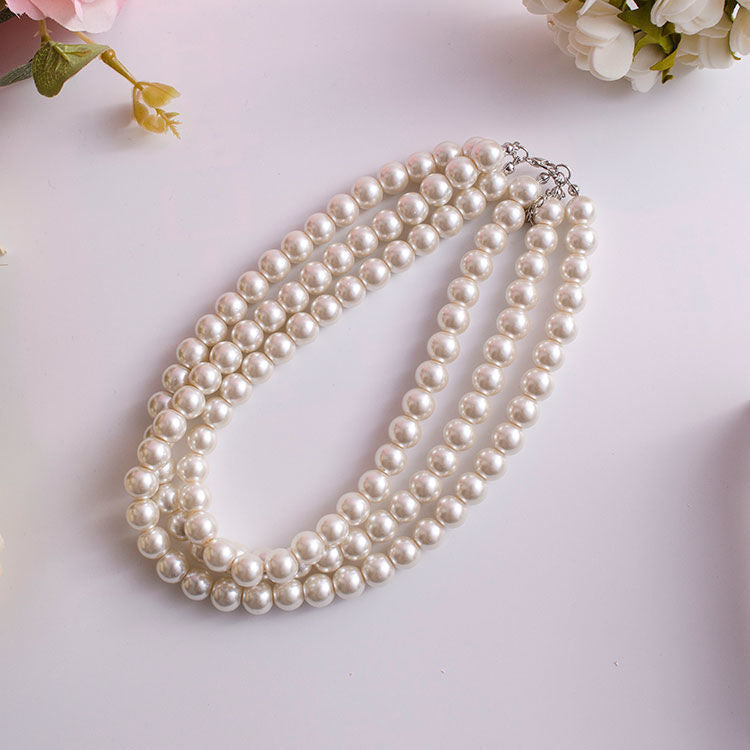 White Pearl Layered Necklace Multi Strand Beaded Pearl Necklace