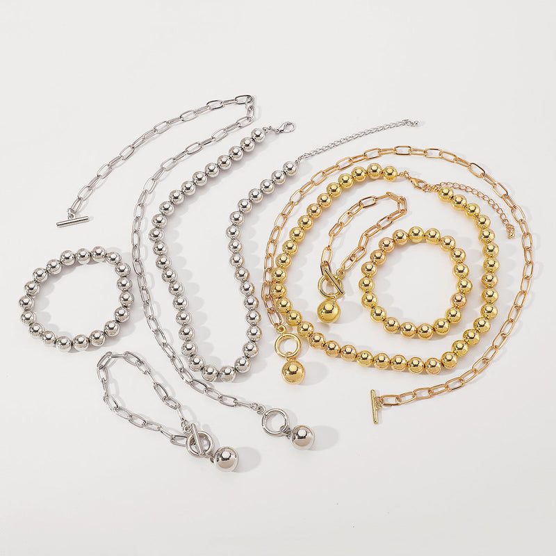 Hip Hop Beaded Set Necklace Geometric OT Buckle Short Ball Pendant Necklace