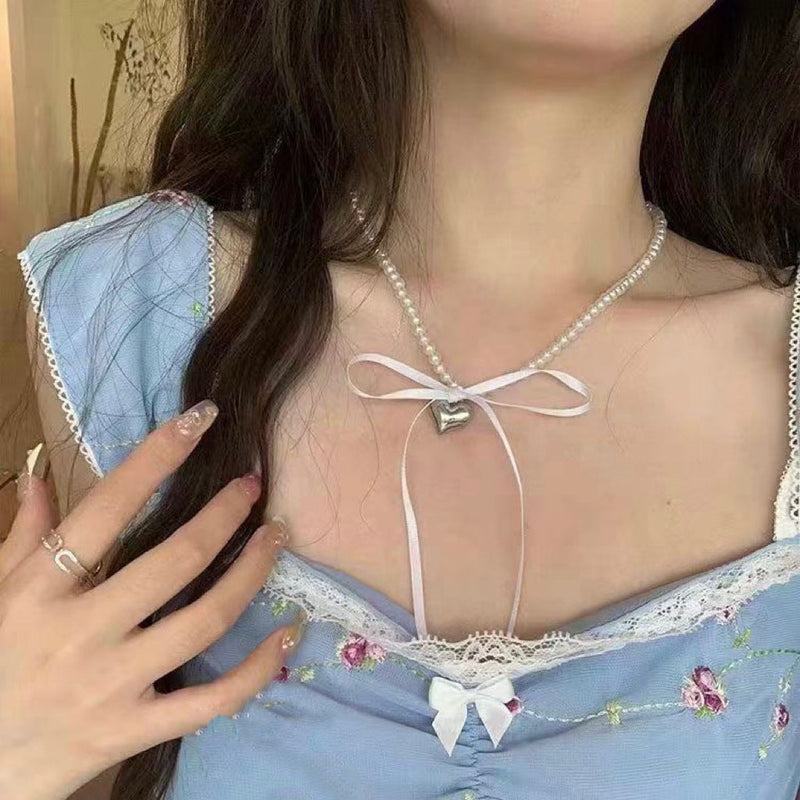 Heart Pendant White Imitation Pearl Bow Ribbon Choker Necklace