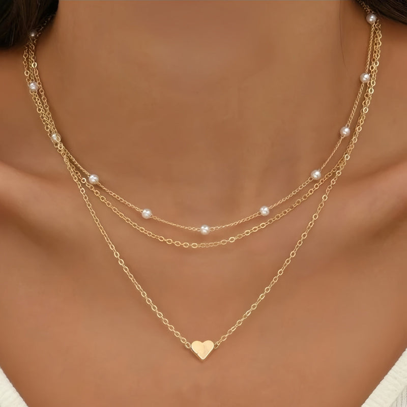 Alloy Heart Necklace Double Layer Fashion Chain Pearl Necklace