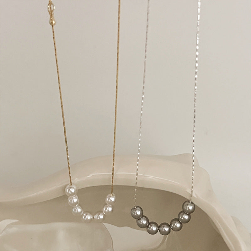 White Pearl Bead Necklace Chain Grey Beaded
