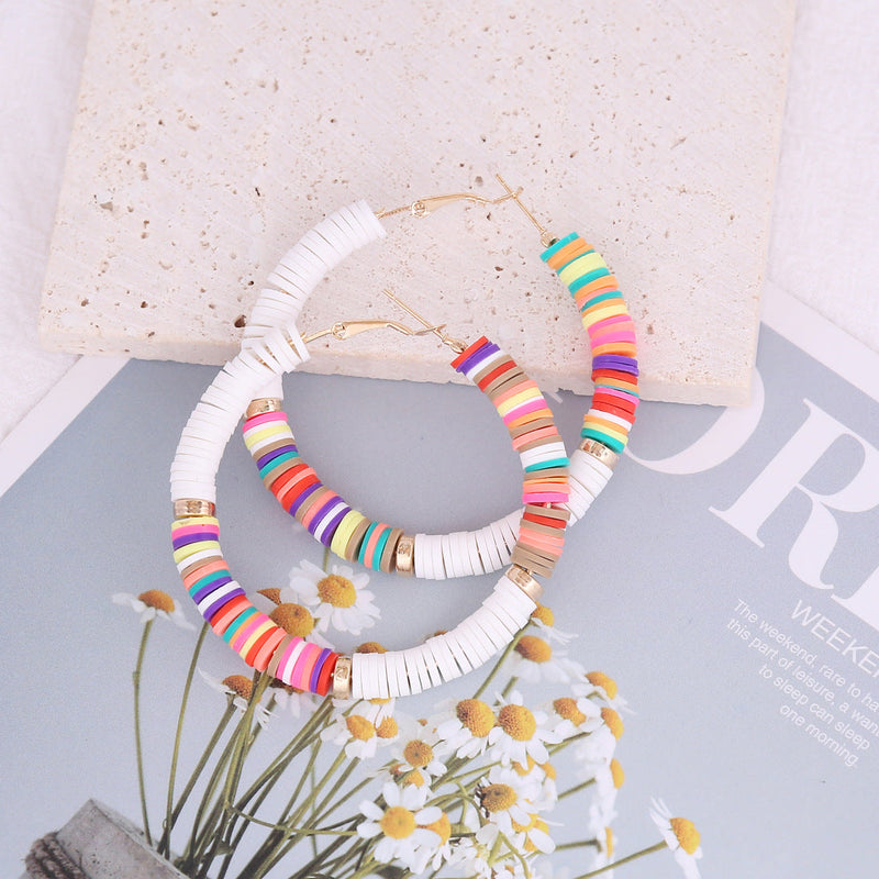 Bohemian Handmade Mix Color Plymer Clay Hoop Earrings