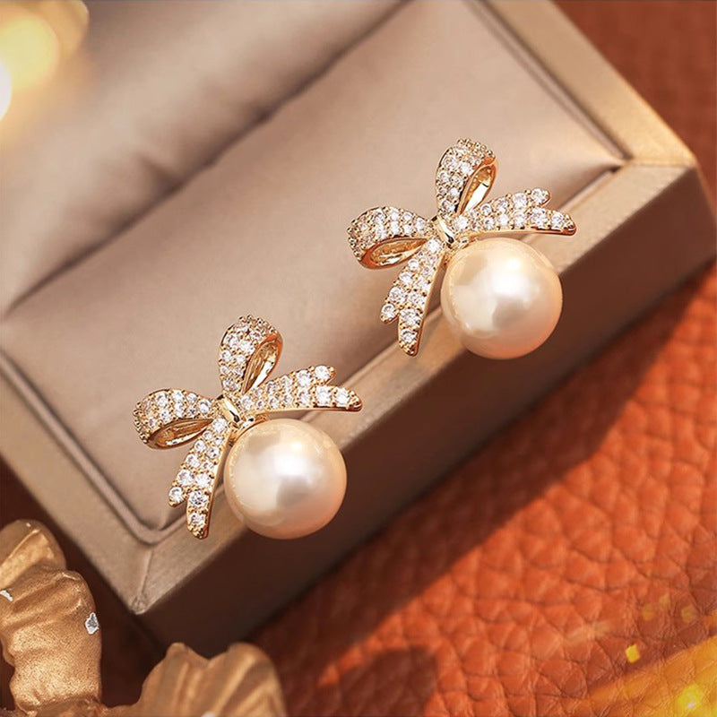 Fashion Bow Rhinestone Pearl Stud Earrings