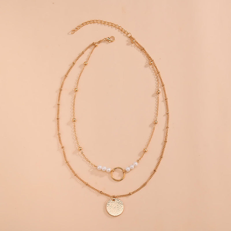 Layered Disc Pearl Pendant Necklace