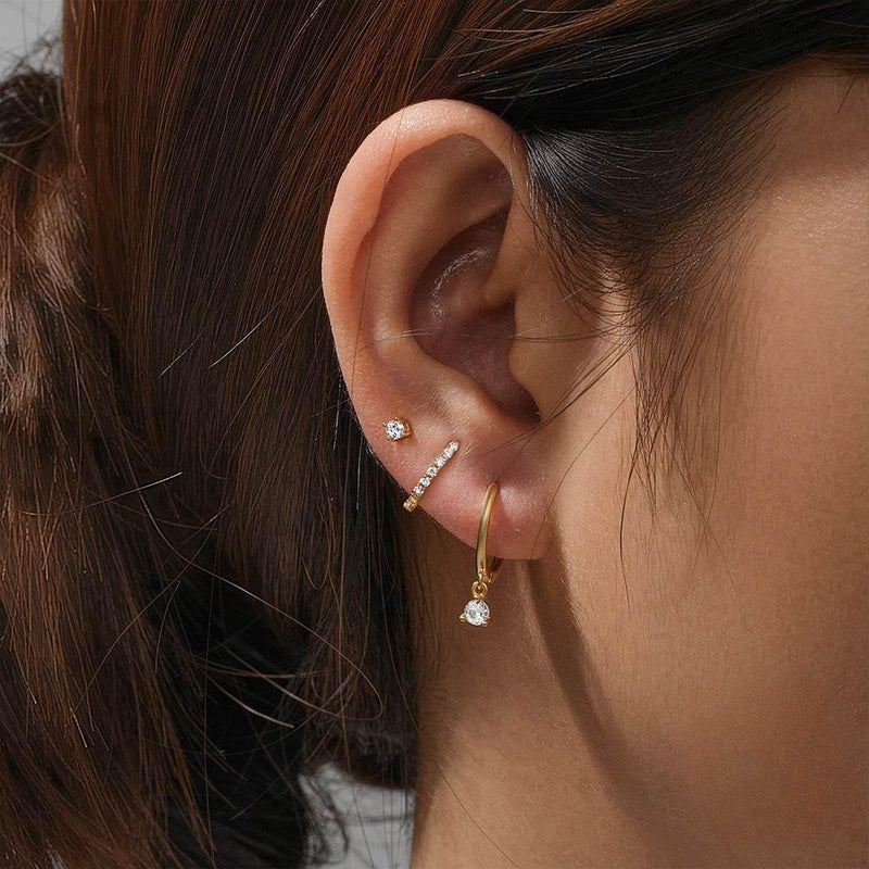 Stacking 3 Pieces Twinkle Charm LuxeHoop & Stud Earring Set with Zircon, 18k Gold Plated Ear Studs and Drops, Stacked Lobe Pretty Studs Cartilage Earrings