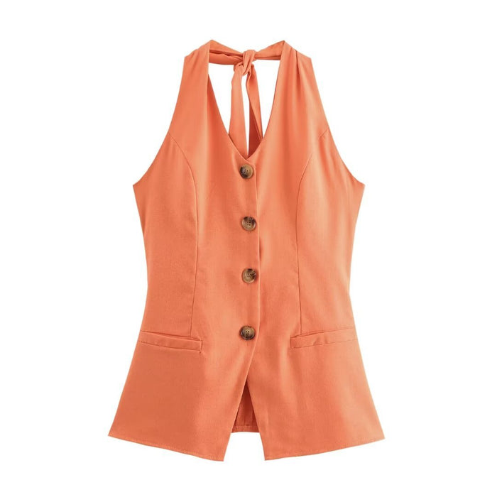 Women's Linen Halter Lace-up Top Vest Elastic Waist Wide Leg Trousers Suit
